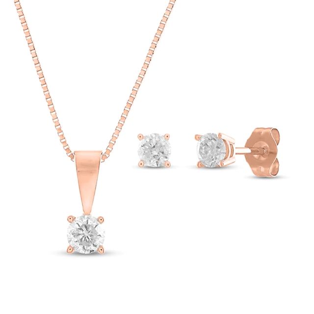 1/2 CT. T.w. Diamond Solitaire Pendant and Stud Earrings Set in 10K Rose Gold (J/I3)