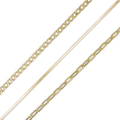 Curb, Herringbone and Paper Clip Link Chain Bracelet Set in Hollow 10K Gold - 7.5"