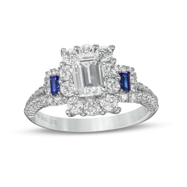 Vera Wang Love Collection Sapphire and 1-3/4 CT. T.w. Emerald-Cut Diamond Frame Engagement Ring in 14K White Gold