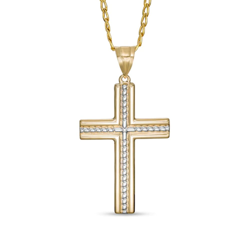 Men's Rope-Textured Layered Cross Pendant in 10K Gold - 22"
