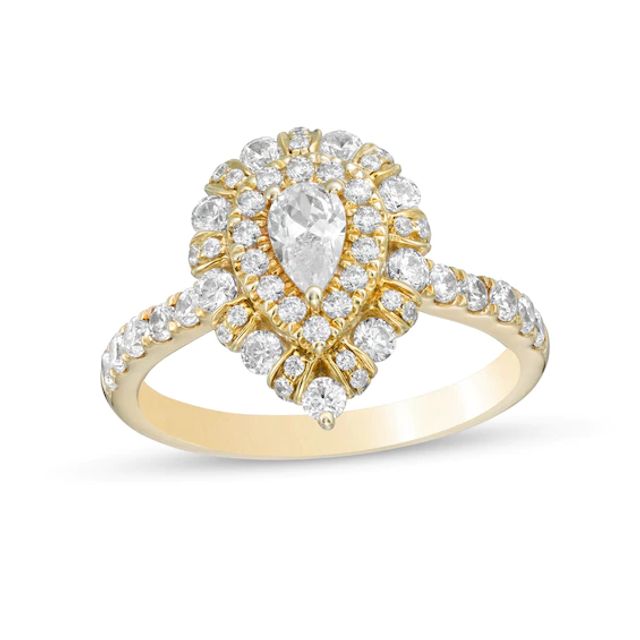 1 CT. T.w. Certified Pear-Shaped Diamond Double Frame Engagement Ring in 14K Gold (I/Si2)