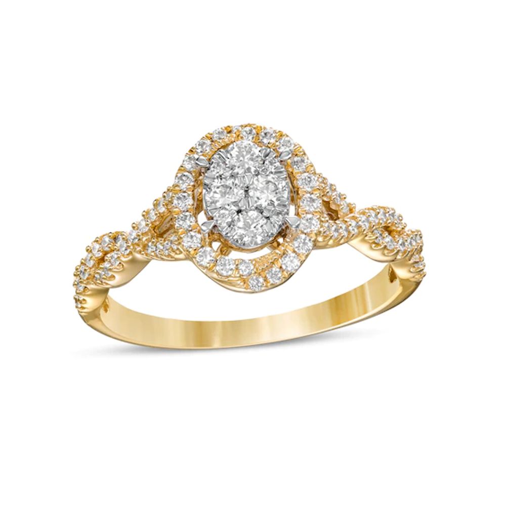 1/2 CT. T.w. Oval Multi-Diamond Frame Twist Shank Engagement Ring in 10K Gold