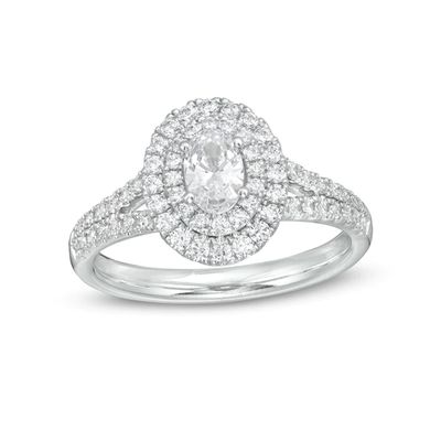 1 CT. T.w. Certified Oval Diamond Double Frame Engagement Ring in Platinum (I/Si2)