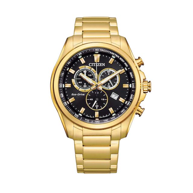 Men's Citizen Eco-DriveÂ® Gold-Tone Chronograph Watch with Black Dial (Model: At2132-53E)