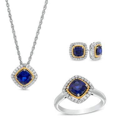 Blue and White Lab-Created Sapphire Frame Pendant, Ring and Earrings Set in Sterling Silver and 14K Gold Over Silver