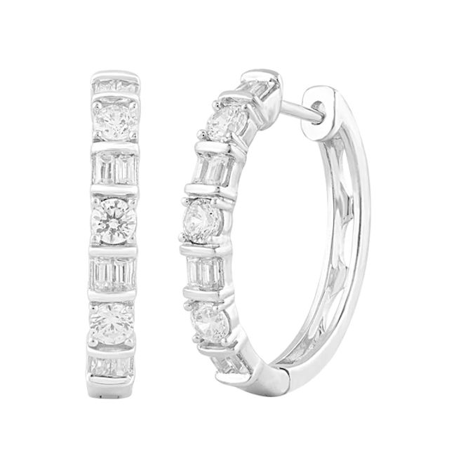 1 CT. T.w. Baguette and Round Diamond Alternating Hoop Earrings in 10K White Gold