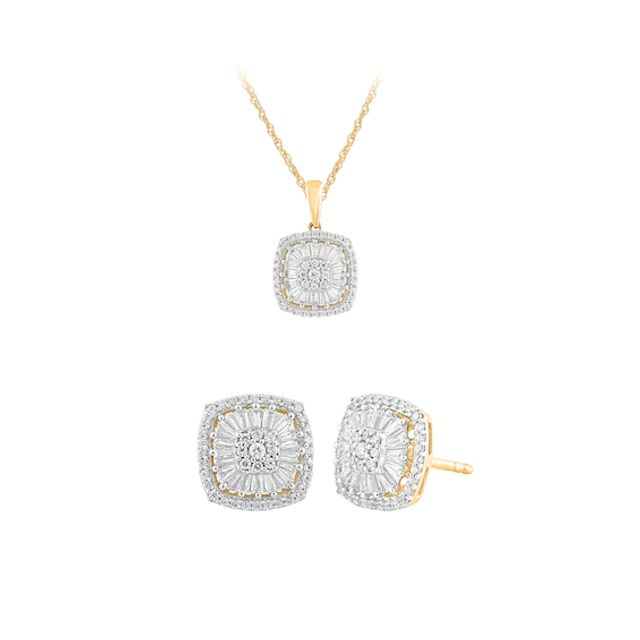 7/8 CT. T.w. Composite Cushion-Shaped Diamond Beaded Frame Pendant and Stud Earrings Set in 10K Gold