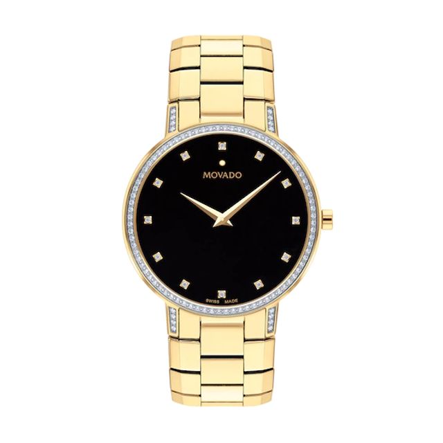 Men's Movado Facetoâ¢ Diamond Accent Gold-Tone PVD Watch with Black Dial (Model: 0607483)