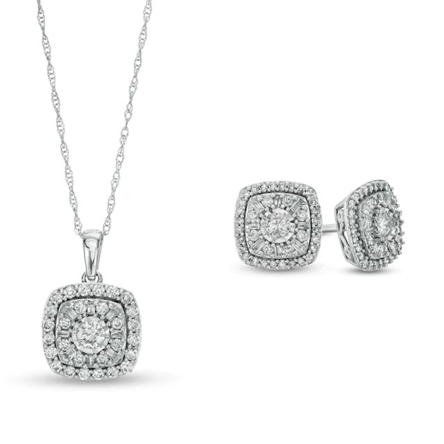 1 CT. T.w. Composite Cushion-Shaped Diamond Frame Pendant and Stud Earrings Set in 10K White Gold