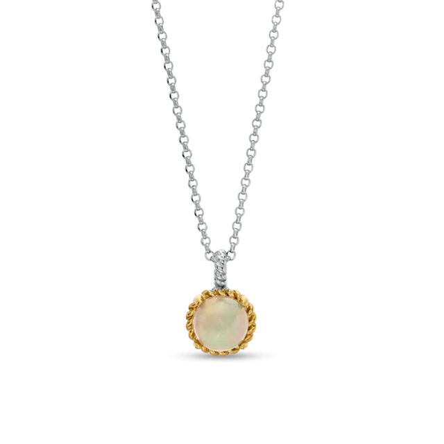 7.0mm Opal Solitaire Rope-Textured Frame and Drop Pendant in Sterling Silver and 10K Gold
