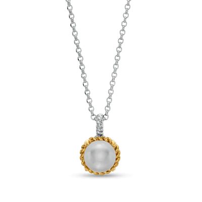 7.0-7.5mm Button Freshwater Cultured Pearl Rope-Textured Frame and Drop Pendant in Sterling Silver and 10K Gold