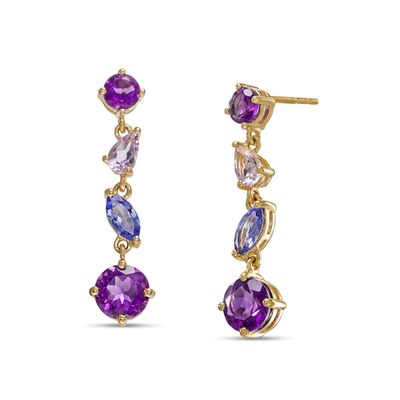 Multi-Shaped Amethyst, Pink Quartz and Tanzanite Linear Scatter Drop Earrings in 10K Gold
