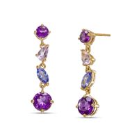 Multi-Shaped Amethyst, Pink Quartz and Tanzanite Linear Scatter Drop Earrings in 10K Gold