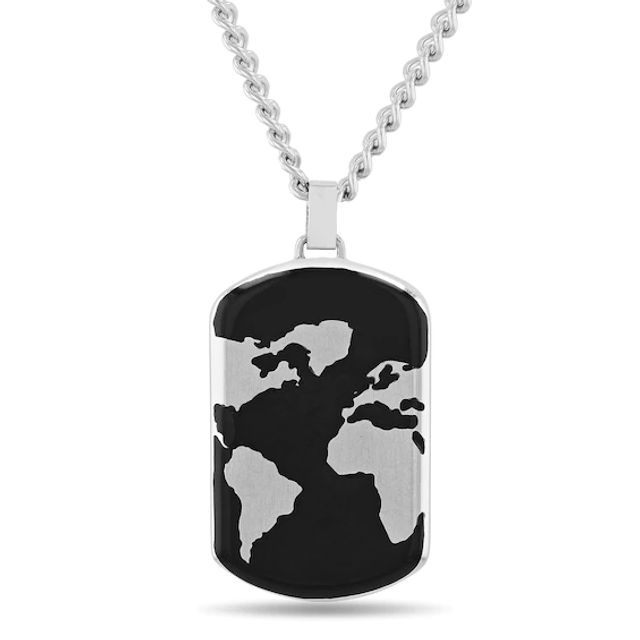 Men's Multi-Finish World Map Dog Tag Pendant in Stainless Steel and Black IP with Black Resin - 24"