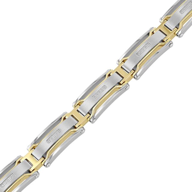 Men's 1/6 CT. T.w. Diamond Multi-Finish Triple Row Industrial Link Bracelet in Stainless Steel and Yellow IP - 8.5"