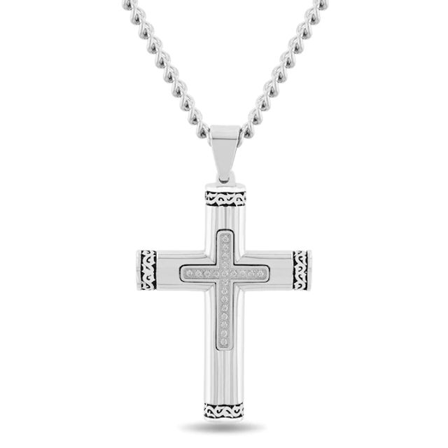 Men's 1/10 CT. T.w. Diamond Multi-Finish Crown of Thorns-Ends Cross Pendant in Stainless Steel and Black IP - 24"