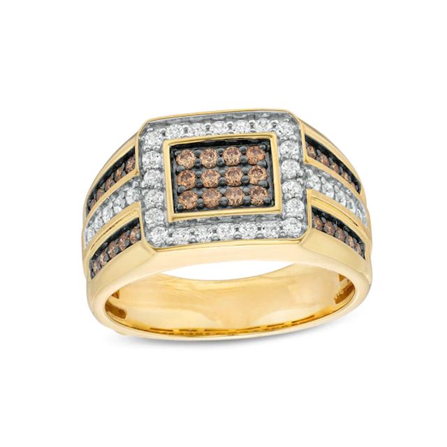 Men's 1 CT. T.w. Champagne and White Rectangular Composite Diamond Frame Triple Row Ring in 10K Gold