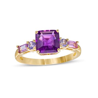 Multi-Shaped Amethyst, Pink Quartz and Tanzanite Side Accents Ring in 10K Gold