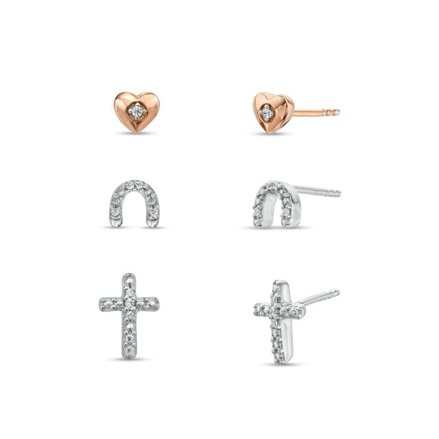 1/20 CT. T.w. Diamond Hearts, Horseshoes, and Crosses Three Pair Stud Earrings Set in Sterling Silver with Rose Rhodium