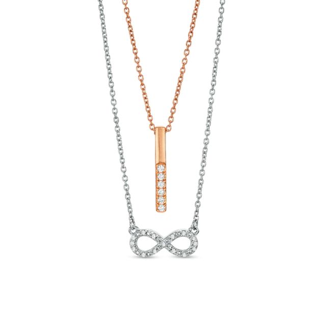 0.084 CT. T.w. Diamond Linear Bar and Sideways Infinity Double Strand Necklace in Sterling Silver and Rose Rhodium