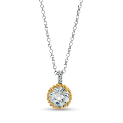 7.0mm Aquamarine Solitaire Rope-Textured Frame and Drop Pendant in Sterling Silver and 10K Gold