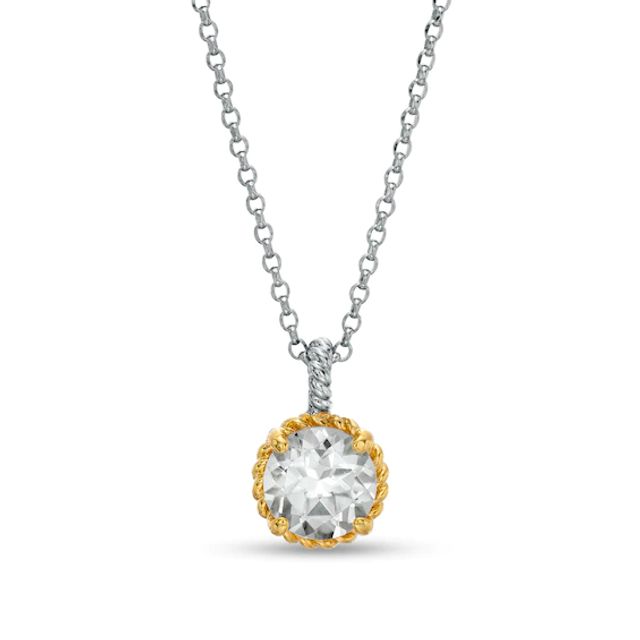 7.0mm White Topaz Solitaire Rope-Textured Frame and Drop Pendant in Sterling Silver and 10K Gold