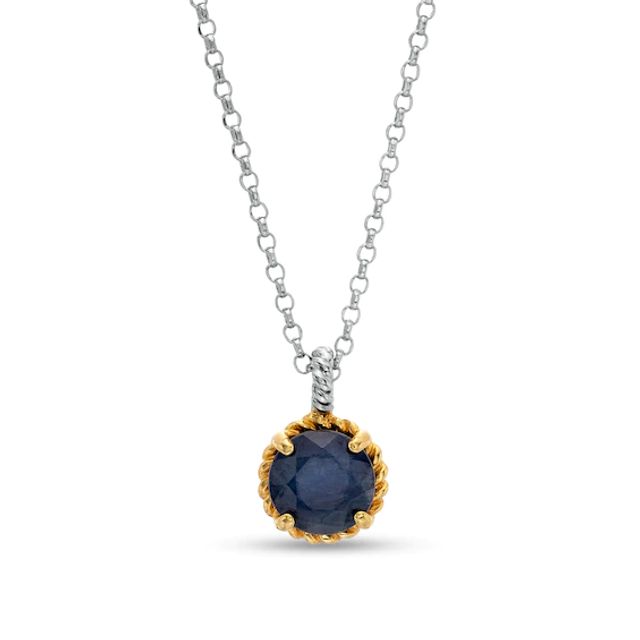 7.0mm Blue Sapphire Solitaire Rope-Textured Frame and Drop Pendant in Sterling Silver and 10K Gold