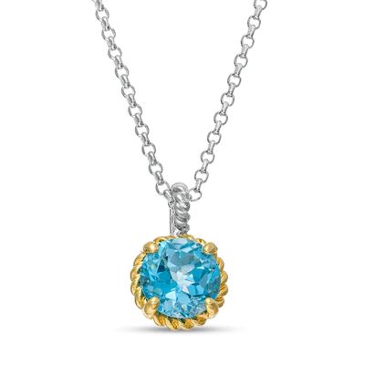 7.0mm Swiss Blue Topaz Solitaire Rope-Textured Frame and Drop Pendant in Sterling Silver and 10K Gold