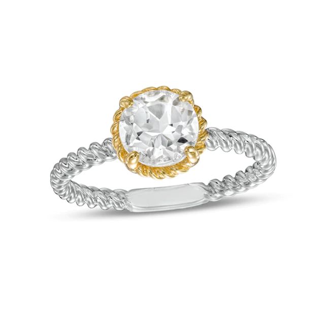 7.0mm White Topaz Solitaire Rope-Textured Frame and Shank Ring in Sterling Silver and 10K Gold