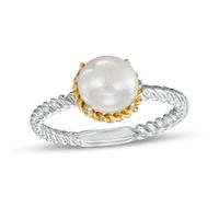 7.0-7.5mm Button Freshwater Cultured Pearl Rope-Textured Frame and Shank Ring in Sterling Silver and 10K Gold
