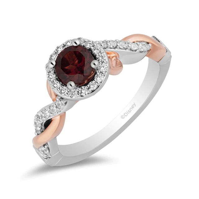 Enchanted Disney Snow White 5.0mm Garnet and 1/3 CT. T.w. Diamond Twist Shank Engagement Ring in 14K Two-Tone Gold