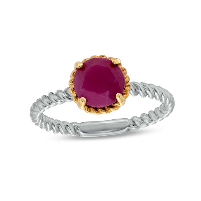 7.0mm Ruby Solitaire Rope-Textured Frame and Shank Ring in Sterling Silver and 10K Gold