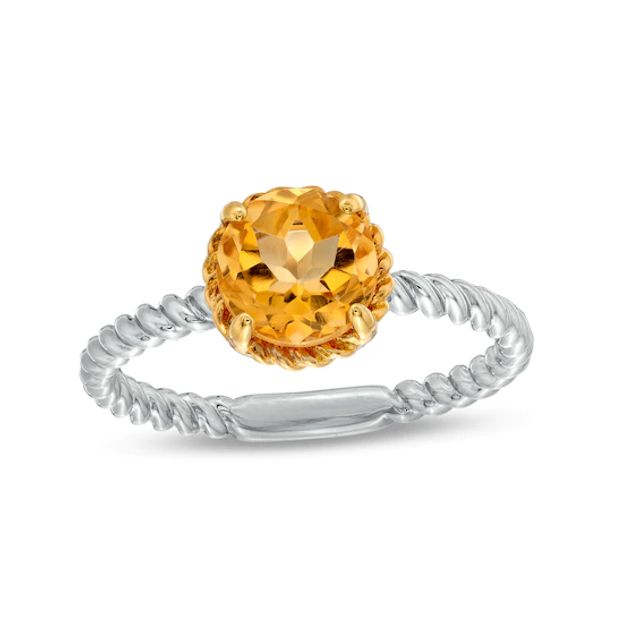 7.0mm Citrine Solitaire Rope-Textured Frame and Shank Ring in Sterling Silver and 10K Gold