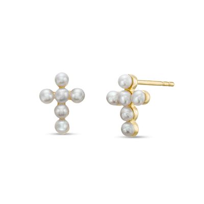 Cultured Freshwater Pearl Mini Cross Stud Earrings in 10K Gold