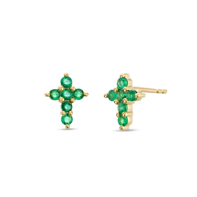 Emerald Mini Cross Stud Earrings in 10K Gold