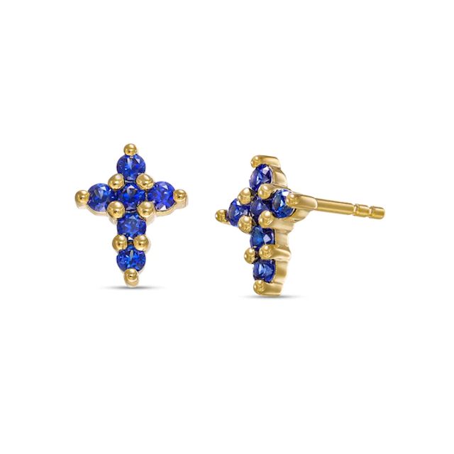 Blue Sapphire Mini Cross Earrings in 10K Gold