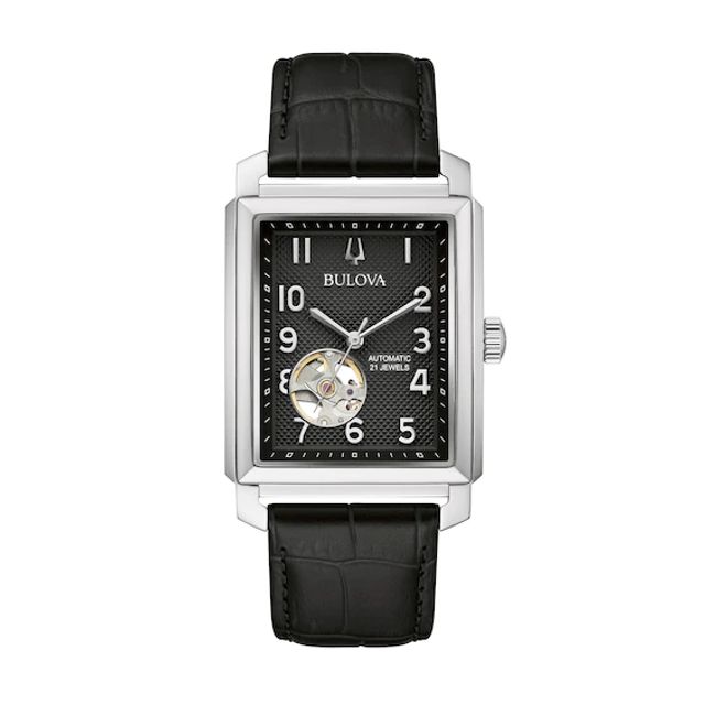 Men's Bulova Sutton Automatic Strap Watch with Rectangular Black Skeleton Dial (Model: 96A269)