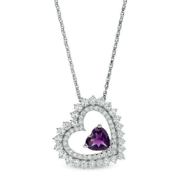 6.0mm Amethyst and White Lab-Created Sapphire Tilted Heart Pendant in Sterling Silver