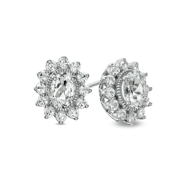 Oval White Lab-Created Sapphire Sunburst Frame Stud Earrings in Sterling Silver