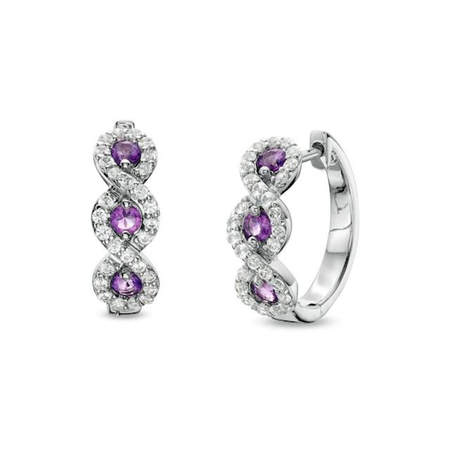 Amethyst and White Lab-Created Sapphire Cascading Frame Hoop Earrings in Sterling Silver