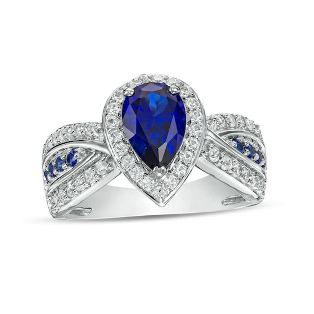Pear-Shaped Blue and White Lab-Created Sapphire Frame Ring in Sterling Silver