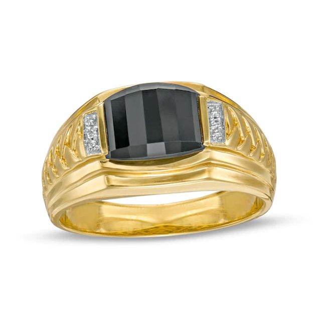 Men's Barrel-Cut Black Onyx and Diamond Accent Collar Stepped Edge Woven Shank Comfort-Fit Ring in 10K Gold