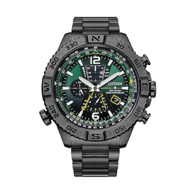 Men's Citizen Eco-DriveÂ® Promaster Navihawk Gunmetal Grey IP Chronograph Watch with Green Dial (Model: At8227-56X)