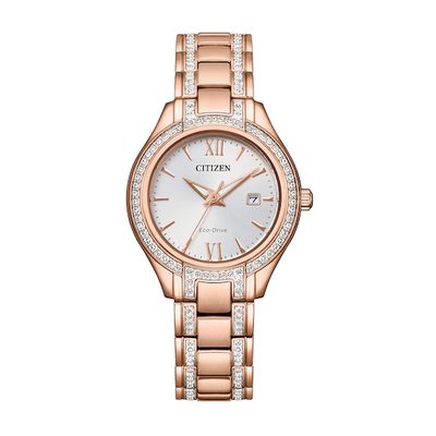 Ladies' Citizen Eco-DriveÂ® Silhouette Crystal Accent Rose-Tone Watch with Silver-Tone Dial (Model: Fe1233-52A)