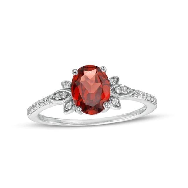 Oval Garnet and 1/10 CT. T.w. Diamond Leaf-Sides Floral Ring in 10K White Gold