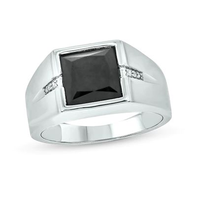 Men's 9.0mm Square Onyx and Diamond Accent Split Shank Ring in Sterling Silver