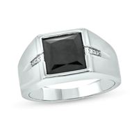 9.0mm Square Onyx and Diamond Accent Split Shank Ring in Sterling Silver