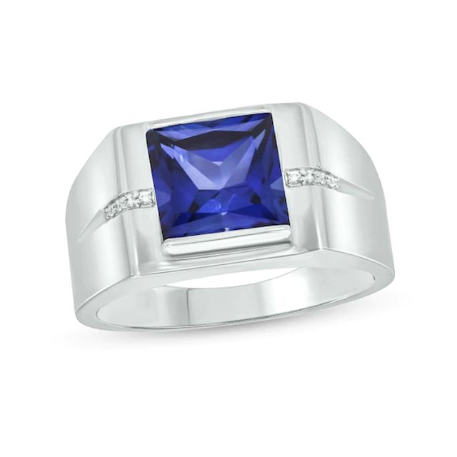 Men's 9.0mm Square-Cut Blue Lab-Created Sapphire and Diamond Accent Groove Shank Ring in 10K White Gold