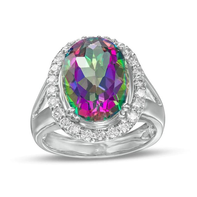 Oval Mystic FireÂ® Topaz and 1/2 CT. T.w. Diamond Frame Split Shank Ring in 14K White Gold