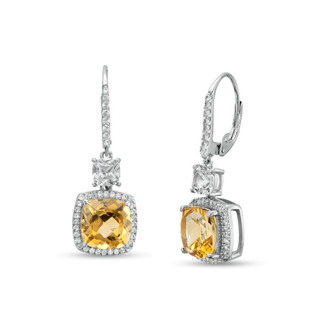 9.0mm Cushion-Cut Citrine and White Lab-Created Sapphire Frame Drop Earrings in Sterling Silver